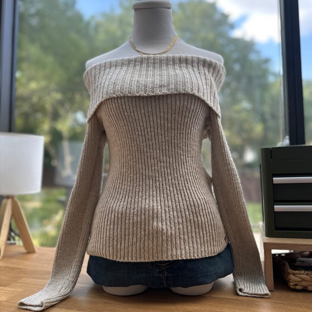 Hollister Off Shoulder Ribbed Knit Sweater XS Y2K Tan Foldover Long Sleeve